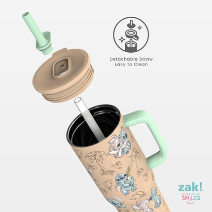 Zak Designs Disney Sutton Vaso de viaje para llevar, acero inoxidable de 30 oz con aislamiento al vacío, pajita de silicona y asa de transporte para bebidas frías (Stitch, Angel)