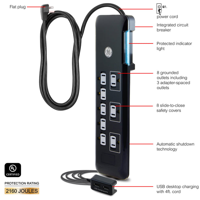 GE UltraPro 8 Outlet Surge Protector, Tethered 2 USB Ports, 4 Ft Power Cord, 2169 Joules, Flat Plug, Power Filter, Circuit Breaker, Warranty, Black, 34117