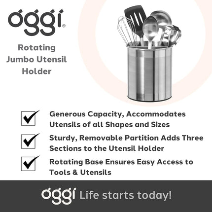 Oggi Jumbo Stainless Steel Rotating Utensil Holder with Removable Divider - Stylish Kitchen Cooking Utensil Organizer. Height 7.5".