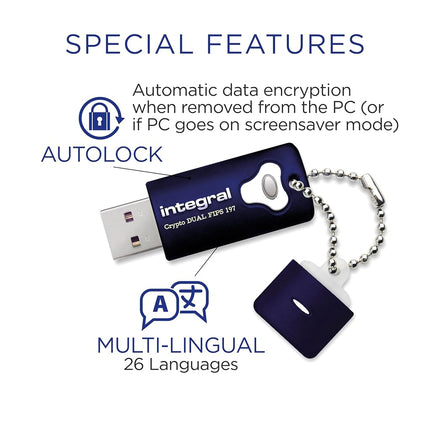 Integral 8GB Crypto-197 256-Bit Hardware Encrypted 3.0 USB Secure Dual Password Flash Memory Drive - Certified to FIPS 197, Protection & Rugged Double-layer Waterproof Design XTS- AES