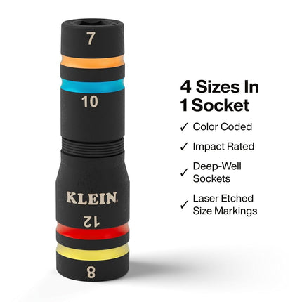 Klein Tools 652MQS Impact-Rated Quad Socket Set, 8 Sizes In 2 Flip Socket Drivers, 4-In-1 Color-Coded Heavy-Duty Multi Tool, 1/4-Inch Drive, Metric 7mm - 14mm, 6-1/2-Inch Extension Shaft
