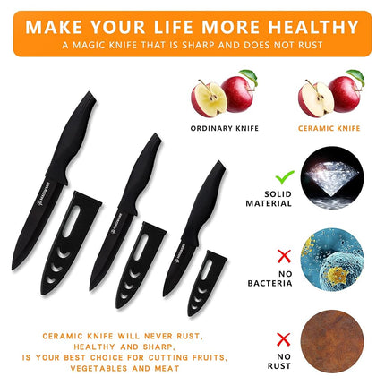 Magiware 6-Piece Paring Knife Set with Sheaths-Ceramic Blade Sharp Rust Proof Stain Resistant (include 5inch Utility Knife, 4inch Fruit Knife,3inch Paring Knifes)-Black (win0529)
