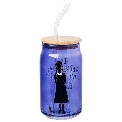 Silver Buffalo Wednesday We Wear Black 16oz Glass Tumbler w Bamboo Lid and Glass Straw