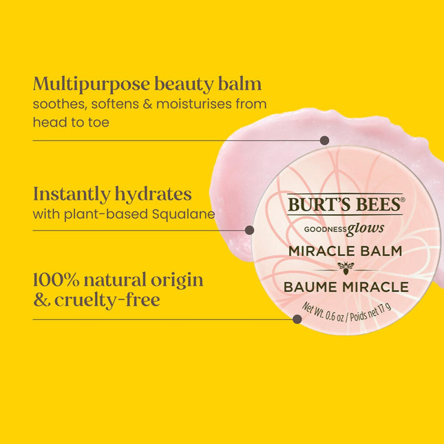 Baume à lèvres Burt's Bees, baume hydratant multi-usage en boîte pour les lèvres, le visage, les cuticules, le corps et les mèches rebelles, baume miracle Goodness Glows, 17 g