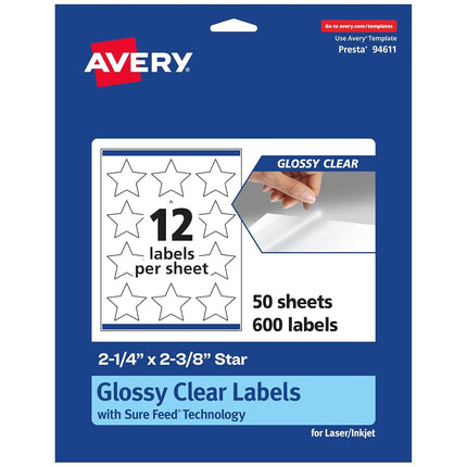 Avery Glossy Clear Star Labels with Sure Feed, 2-1/4" x 2-3/8", 600 Glossy Clear Labels, Print-to-The-Edge, Laser/Inkjet Printable Labels