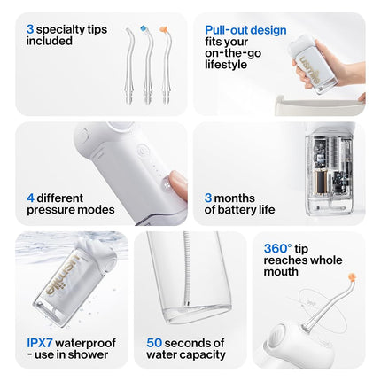 usmile C10 Portable Water Flosser – Travel-Friendly, 95-Day Battery, 4 Modes, 360° Nozzle, 180ml Tank, IPX7 Waterproof, Dentist-Recommended for Braces, Implants & Sensitive Gums (White)