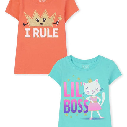 The Children's Place Camiseta gráfica de manga corta para niñas, 2 unidades I Rule/Lil Boss, 4T