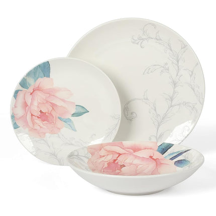 Martha Stewart Empress Bouquet Decorated Porcelain Dinnerware Plates and Bowls Set - Blue Floral, Service for 6 (30pcs)