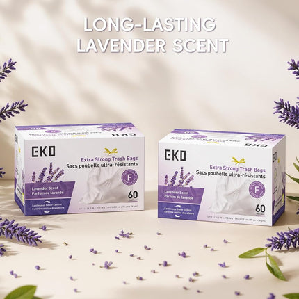 EKO 40-60L Drawstring Bin Liners, 60 Count Lavender Rubbish Bags, Code F