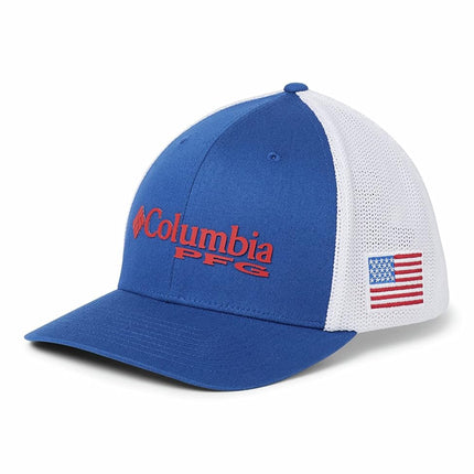 Columbia Unisex PFG Mesh Ball Cap, Mountain Blue/Us Flag, S/M, Mountain Blue/Us Flag, S/M