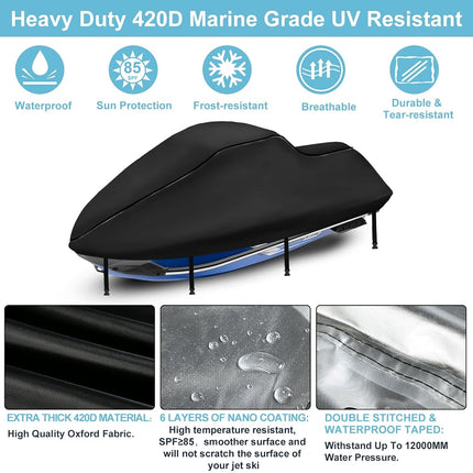 3 Seater Jet Ski Cover, Upgraded Heavy Duty 420D Jetski Covers Waterproof with 2 Air Vent Marine Grade UV Resistant Fits Seadoo,Yamaha, Kawasaki,Waverunner Polaris from 115" to 120"(Black)