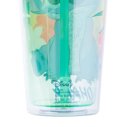 Silver Buffalo Disney Lilo et Stitch Gobelet froid en plastique pailleté Tropical et Ananas avec couvercle et paille, 710 ml
