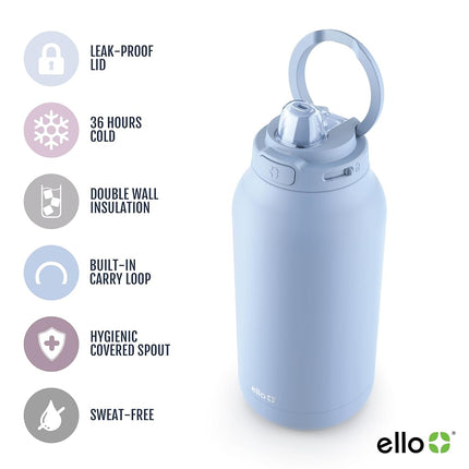 Ello Hydra Gourde isotherme en acier inoxydable de 1,9 l (64 oz) avec couvercle verrouillable et étanche et paille en silicone souple, Bouteille d'eau réutilisable en métal, Garde les boissons froides toute la journée, Bleu halogène