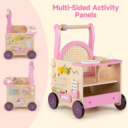 OLAKIDS Wooden Baby Walker, Activity Center Push Walking Toy with Wheels, Montessori Rattan Doll Stroller for Boys Girls Babies 12-36 Months
