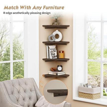 Forbena 4 Pack Corner Shelves Wall Mounted Corner Shelves Wooden Corner Wall Shelf for Bathroom Kitchen Bedroom Living Room 4 Pack Rustic Brown)