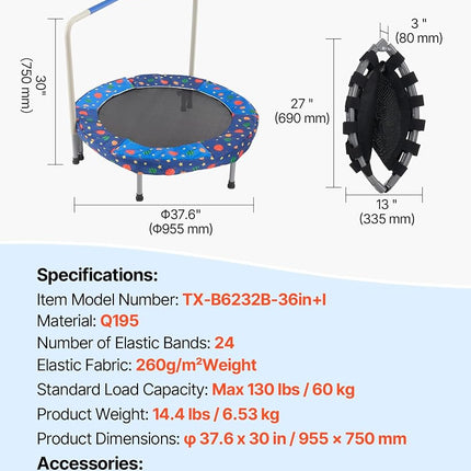 VEVOR 36" Kids Trampoline, 3FT Indoor Outdoor Trampoline, Foldable Mini Trampoline with Handle, Rebounder Trampoline for Toddlers, Birthday Choice for 3+ Years Children, Boys Girls for Fun, Bule