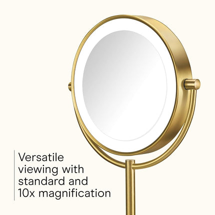 Conair Lighted Makeup Mirror, Double-Sided LED Vanity Mirror with 1X/10X Magnification, 3 Light Settings, 3 Modes, 360� Rotation, Brushed Brass Finish