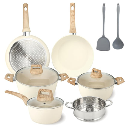 FAB&DELUXE Nonstick Cookware Set,11 Pcs Nonstick Pots and Pans, Aluminum Cooking Set with Lids & Wooden Handles, Non-Toxic Healthy Kitchen Cookware Sets, Silicone Spoons & Spatulas, PFAS & PFOA Free