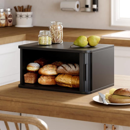 WOWLIVE Bread Box for Kitchen Countertop, Large Roll Top Bread Boxes with Sliding Door, Airtight Bread Storage Container for Loaves, Pastries & Bagels, Bamboo Counter Organizer (Black, Medium)
