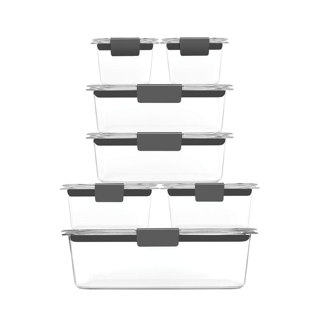 Recipientes Rubbermaid Brilliance para Alimentos de 14 Piezas con Tapas para Almuerzo, Preparación de Comidas y Sobras, Aptos para Lavavajillas, Transparente/Gris