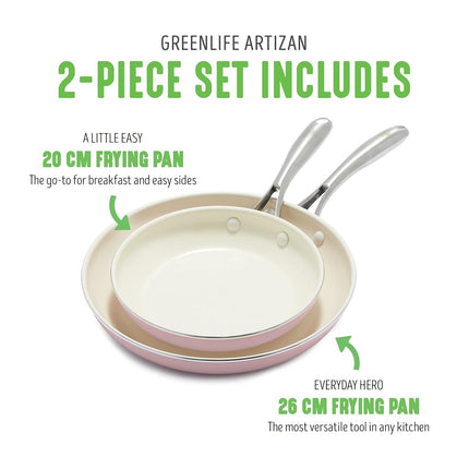 GreenLife Artizan Healthy Ceramic Non-Stick 20 cm and 26 cm Frying Pan Skillet Set, Stainless Steel Handle, PFAS-Free, Induction, Oven Safe, Pink