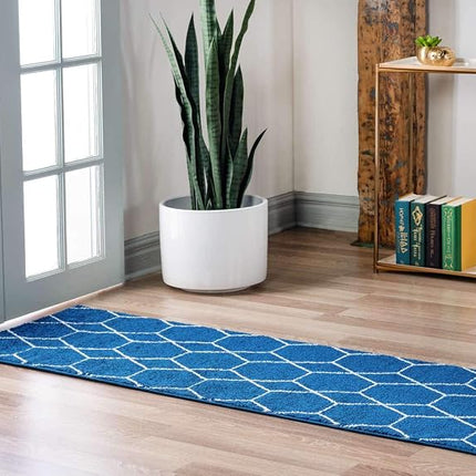 Unique Loom Trellis Frieze Collection Lattice Moroccan Geometric Modern Navy Blue Runner Rug (2' 0 x 13' 0)