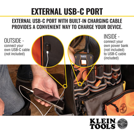 KLEIN TOOLS Unisex's Tool Bag Tradesman Pro Extra-Large 40-Pocket Electrician Jobsite Backpack with Molded Bottom, Black, Charging Port