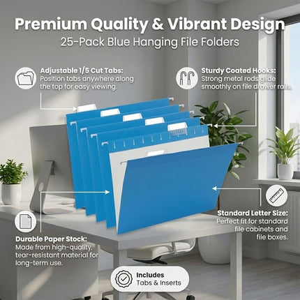 Blue Hanging File Folders,25 Pack Reinforced Hanging Folders,Letter Size, Designed for Bulky Files, Filing Cabinet, Adjustable Tabs