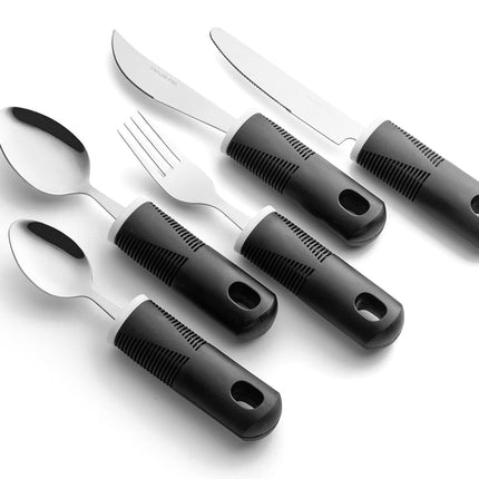 (Black) - Adaptive Utensils (4-Piece Kitchen Set) Wide, Non-Weighted, Non-Slip Handles for Hand Tremors, Arthritis, Parkinson's or Elderly use Stainless Steel Knife, Fork, Spoons - Black