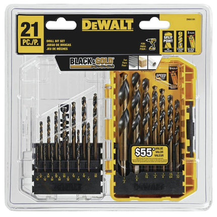 Jeu de forets DEWALT, 21 pièces, pointe fendue à 135 degrés, hélice à 31 degrés, revêtement en oxyde noir, pour plastique, bois et métal (DWA1181)