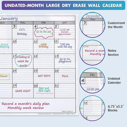 Calendario de pared mensual de borrado en seco extragrande de 38" x 50", pizarra blanca laminada de borrado en seco, calendario en blanco, 30 días, líneas cuadradas