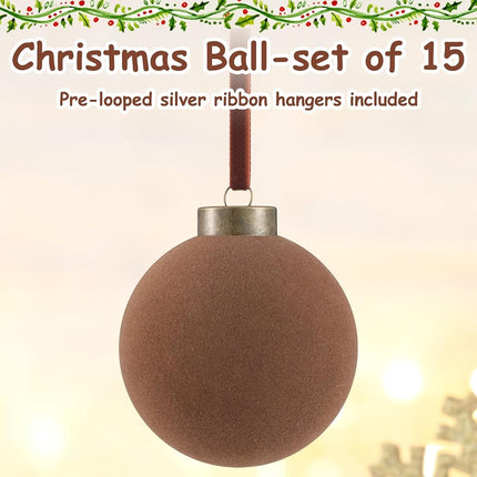 Liliful 15 Pcs Velvet Christmas Balls Bulk Flocked Christmas Tree Ball Ornaments Plastic Balls Xmas Decorative Hanging Ornaments Christmas Tree Decoration (Brown,3.15 Inch)