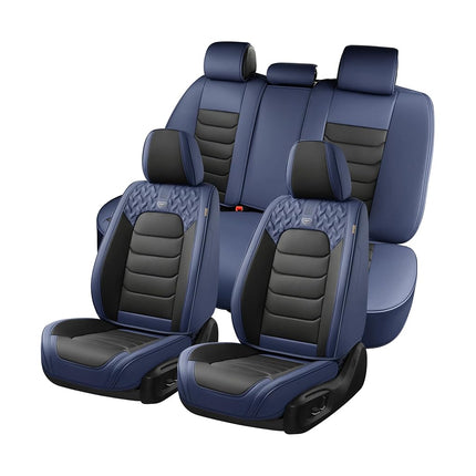 FLORICH Housses de siège complètes, housses de siège en cuir, housses de siège avant et arrière 5 places, accessoires de protection de coussin de siège de voiture étanches pour berline, SUV, pick-up (Bleu et noir, ensemble complet)