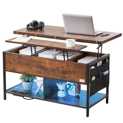 VEVOR Lift Top Coffee Table, 39.4 in Rectangle Coffee Table with Extra Storage Pockets, Flipable Coffee Table with Power Strip & USB & Ambient Lighting for Living Room, Brown