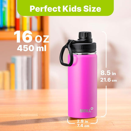 Mollcity Kids Insulated Water Bottle-16oz/470ml Stainless Steel Vacuum Wide Mouth Sports Flask with Silicone Boot-Reusable Metal Leak Proof Travel Water Bottle for Girls Boys, BPA-Free