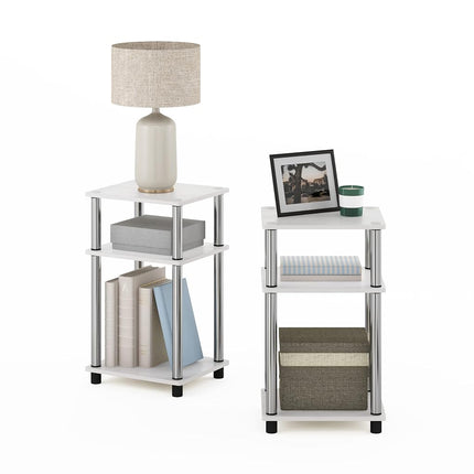 Furinno JUST Side Table Set of 2, 3-Tier End Tables, Open Shelves Night Stand, Nightstand, Toolless Assembly, for Living Room, Bedroom, White Oak/Stainless Steel