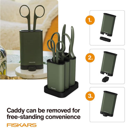 Fiskars Indoor Plant Cutting Set with Storage Precision Garden Tools Caddy, Snips, Shears and Pruner, Set of 3, Green