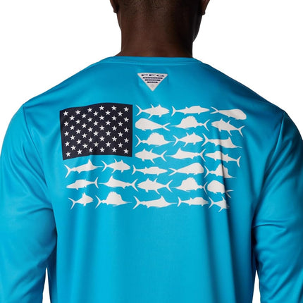 Columbia Men's Terminal Tackle PFG Fish Flag Long Sleeve T-Shirt, Ocean Blue/Coll Navy Offshore Slam, X-Small