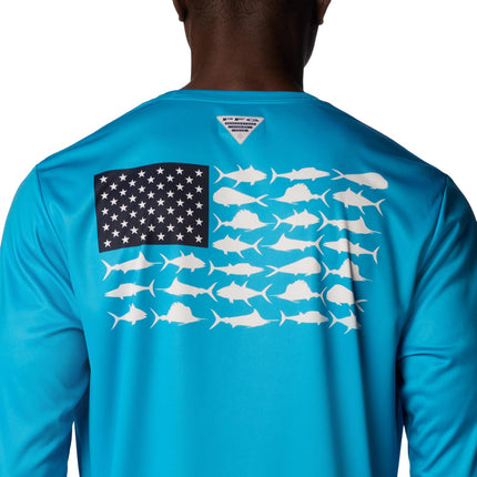 Columbia Men's Terminal Tackle PFG Fish Flag Long Sleeve T-Shirt, Ocean Blue/Coll Navy Offshore Slam, X-Small