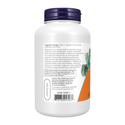Now Foods Supplements, Magnesium Malate Caps with 95 mg of Elemental Magnesium, Nervous System Support*, 180 Veg Capsules