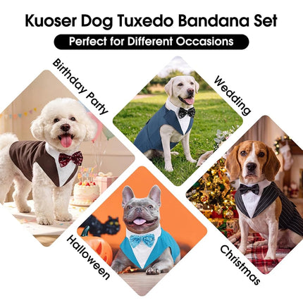 Kuoser Dog Tuxedo Dog Suit and Bandana Set, Dogs Tuxedo Wedding Party Suit, Doggy Prince Bow Tie Shirt Formal Pet Wedding Attire for Large Medium and Small Dogs Golden Retriever Samo Bulldogs