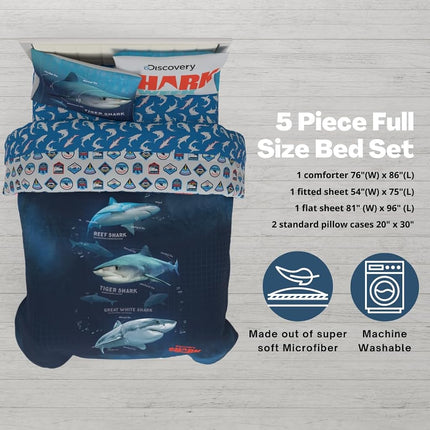 Franco Comforter and Sheet Set, Microfiber, Blue-Shark Week, 5 Piece Full Size