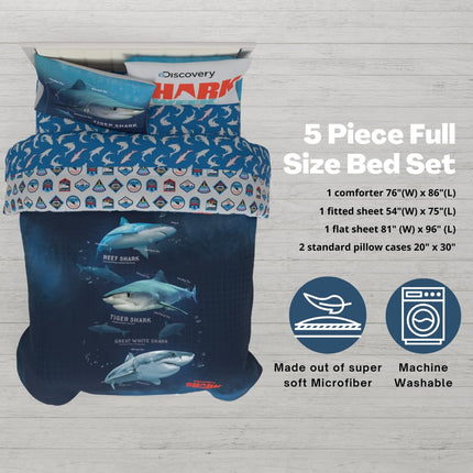 Franco Comforter and Sheet Set, Microfiber, Blue-Shark Week, 5 Piece Full Size