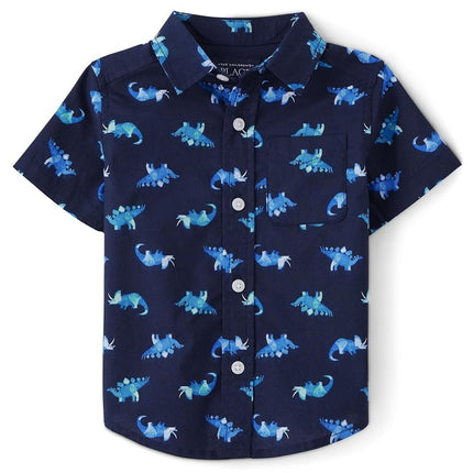 The Children's Place Baby Boys Poplin Short Sleeve Button Down Shirt, Navy Dino, 9-12 Months