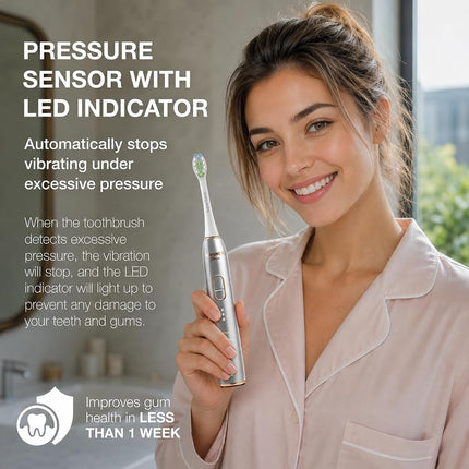 Wagner Stern IntelliBrush Series Whitening Electric Toothbrush with Pressure Sensor. Offers 4 Brushing Modes, 3 intensities, 8 Soft Brush Heads, and a Luxury Travel case.