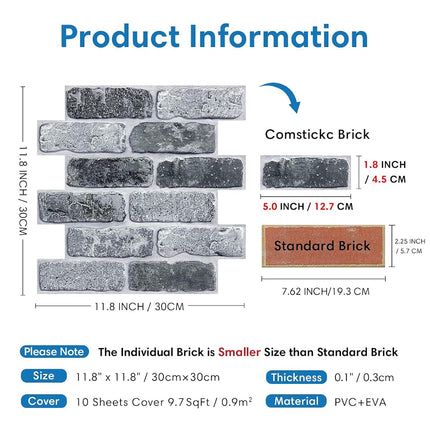 COMSTICKC 3D Brick Wall Panels, Peel and Stick Brick Tiles (Whitewash Gray -2)