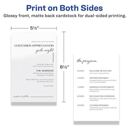 Avery Printable Rectangle Invitation Cards, 5.5" x 8.5", Glossy White Cardstock, Laser/Inkjet Cards, 50 Total