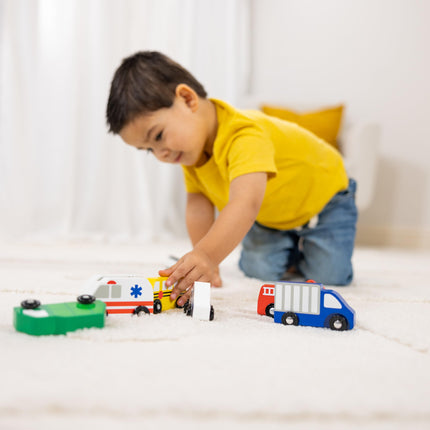 Melissa & Doug Set de vehículos de madera para la ciudad (bandeja de madera para guardar, 9 piezas)