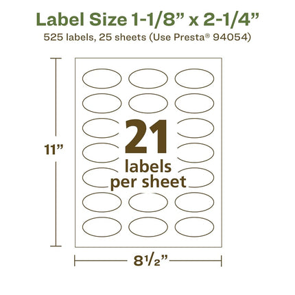 Avery EcoFriendly Matte White Recycled Oval Labels, 1-1/8" x 2-1/4", Print-to-The-Edge, Matte White Labels, Permanent Label Adhesive, Laser/Inkjet, 525 Printable Labels