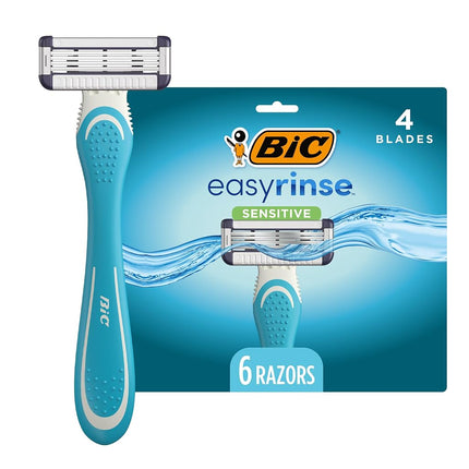 BIC EasyRinse Sensitive Anti-Clogging Men's Disposable Razors, Clinically Proven for Sensitive Skin, Shaving Razors With 4 Blades, 6 Count